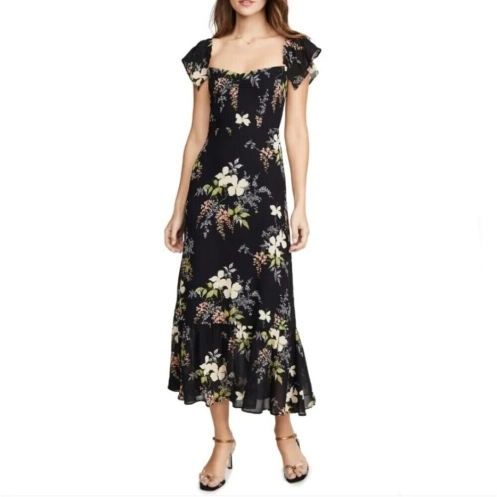 Reformation Butterfly Midi Dress in Isabella Floral Black Size 2 Flutter Sleeve